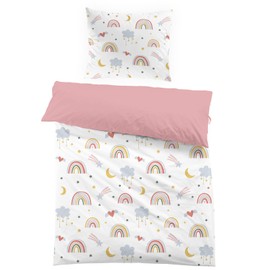 Yasida BettwäSche Regenbogen 135x200 Rosa Kinder Bunte Mikrofaser BettwäSche Mit Regenbogen, Wolken, Sternen, Monden, Herzen FüR MäDchen Einzelbettbezug Set Bettbezug 135x200 Und Kopfkissenbezug 80x80