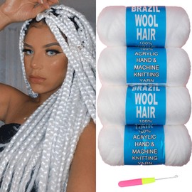 RuiYok 4 Roll Brazilian Wool Hair for Braiding Snow White Wool Braiding Hair for Black Women Natural Synthetic Hair Extensions for Faux Locs Box Braids Senegalese Twist (4 Bundles, White)