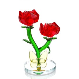 H&D HYALINE & DORA Crystal Rose Flowers Figurines Glass Red Roses with Yellow Butterfly Crystal Flowers Collectible Figurines Rose Gifts for Women on Mother's Day Valentine's Day