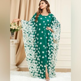 Abayas for Women Muslim Dubai Embroidered Prayer Dress Ramadan Dress for Women Eid Abaya Batwing Sleeve Loose Fit Maxi Dress Traditional Arabic Robe Kaftan Middle East Outfits Plus Green G One Size