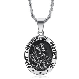 BOBIJOO JEWELRY - Man Of St Christopher Patron Saint Traveler Christ Locket Pendant Chain Guard, Alloy Steel Stainless Steel Silver