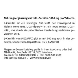 MEGAMAX L-CARNITIN 1000 mg 60 Tabletten Vegan Carnipure