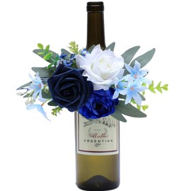 CherishedMoments 1Pcs Wine Bottle Flower Set, Dining Tables, Plates Decorations，Navy Blue Artificial Flowers Wine Cup for Wedding Ceremony Anniversary, Wedding Home Decor