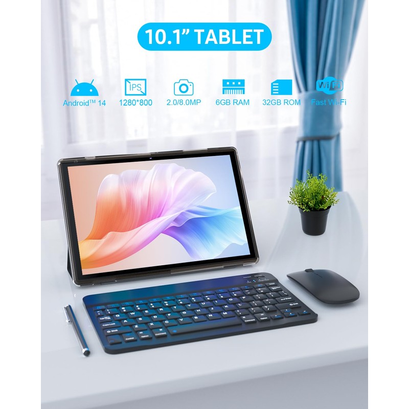 2 in 1 Tablet with Keyboard Case Mouse Stylus, 10