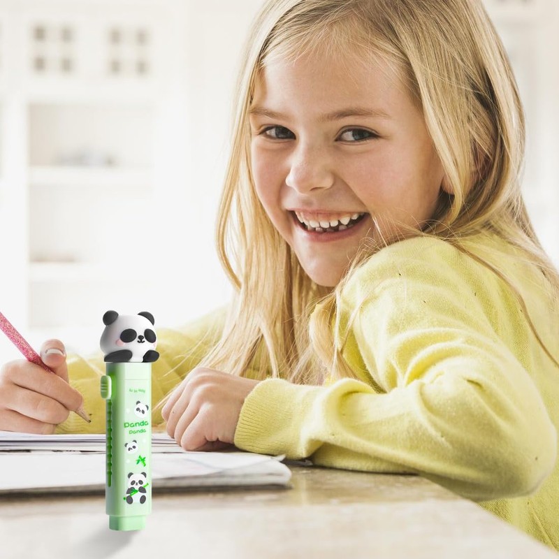 DDKY Panda Style Eraser, Green, 6 Refill Erasers, Kawaii Eraser