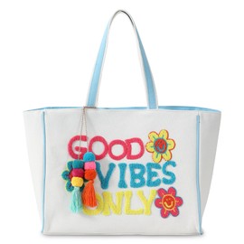 DYSHAYEN Tote Bag for Women,Chenille Embroidery Canvas Tote Bag with Tassel,Cute Shoulder Bag Handbag for Travel,Shop,Work,Grocery （Letter）