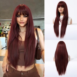 Geogroket Long Straight Wigs with Bangs Burgundy Red Layered Hairstyle Synthetic Heat Resistant Wigs for Girls Daily Party Use 28 Inch (BUG)