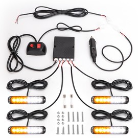 ROUTEKING 4X8LEDs Car Strobe Flash Lights Hazard Warning Beacon Emergency Flashing Lights14 Modes with Main Control Box Universal for 12V 24V Car Vehicle Truck Trailer Caravan Camper Van (Amber/White)
