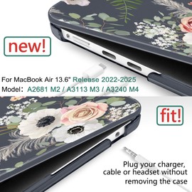 DONGKE for MacBook Air 13.6 Inch Case 2025 2024-2022 A3240 A3113 A2681 M4 M3 M2 Chip Touch ID, Plastic Hard Shell & Keyboard Cover & Type C Adapter for MacBook Air 13 inch M4, Dried Flowers