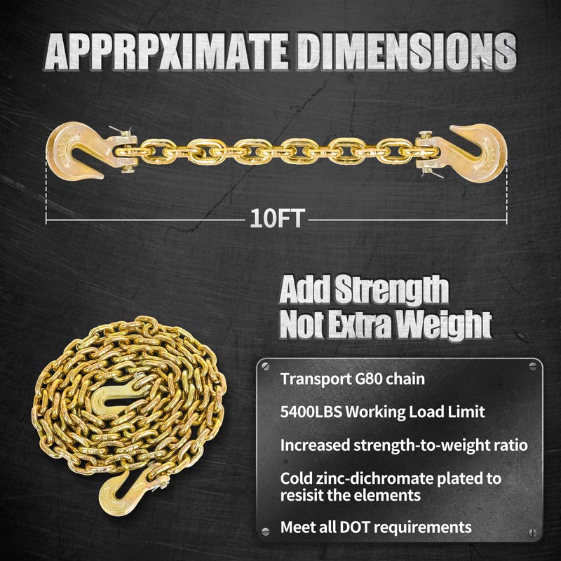 G80 Load Binder Chain,3/8"x10ft Tow Chain with G70 Hooks,5400lbs Safe