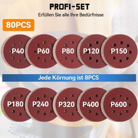 Aucenix 80 pieces sandpaper 125 mm Velcro: 8 holes sanding discs 40/60/80/120/150/180/240/320/400/600 different grits - sanding sheets for random orbital sanders for metal wall wood