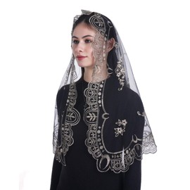 Bozidol Mantilla Veils for Church Catholic, Spanish Black Gold Virgin Mary Embroidered Lace Chapel Veil, Latin Mass Prayer Scarf Head Coverings for Women