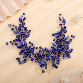 Teyglen Dainty Flower Blue Rhinestones Crystal Headband Bride Wedding Pearls Headband Hair Vine Luxurious Hair Accessories Shiny Bridal Headpieces for Women Girls (Blue)