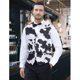 Fashonal Cow Print Vest Men Western Cowboy Costume Party Waistcoat Vest & Bow Tie, Cow, Size L