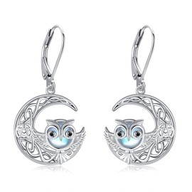 POPLYKE Owl Earrings 925 Sterling Silver Owl Leverback Dangle Earrings Cute Animal Jewellery for Women, Sterling Silver, Moonstone