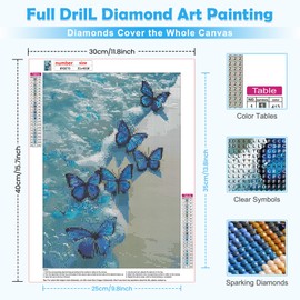 MOGTAA Blue Butterfly Diamond Painting Kits for Adults, 5D Seaside Diamond Art Painting Kits for Adults Beginners, Full Drill Diamond Dots Kits Landscape Gem Painting for Home Decor 30x40cm