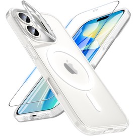 OWKEY Magnetic Case for 16, Compatible with MagSafe [with Kickstand Lens + 1 Screen Protector], Military Shockproof Protective Case Translucent Matte Back Cover Case for 16, Clear