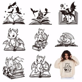 SUPERDANT 9 Sheets Dragon Book Iron-On Transfers Black Heat Transfer Film Sticker Set Clothing Iron-On Transfers for Boys Children T Shirts Hoodie Canvas Bags Cushion Jackets Crafts
