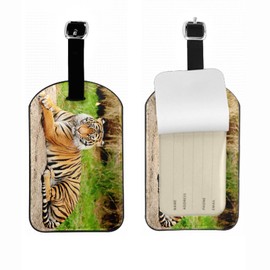 Zoczos Bengal Tiger Leather Luggage Travel Bag Tags Wild Beast Carnivore Tigers Feline Mammal in Jungle Green Grass Luggage Tag Holder Name ID Labels Set for Men Women, 1 Pack