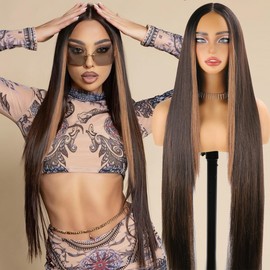 Skunk Brown 40 Inch Straight Hair Synthetic Wig13×5×1 Pre-Plucked Long Straight Lace Front Wigs Synthetic Hair,Heat-Resistant HD Glueless Wigs 100 cm with 180% Density For Woman (Skunk Brown)