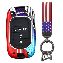 HIBEYO 3 Button Key Fob Cover Compatible with Honda Civic Accord Fit 2022 2023 Accessories Metal Painted Sports Style Key Shell with US Flag Keychains-3 Button CAR Trunk Red
