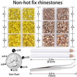 LPBeads 6000 Pieces Citrine and Champagne Non Hotfix Rhinestones 6 Sizes Round Crystal Glass Flat Back Rhinestones with Tweezers and Picking Pen for Nail Art Crafts Clothes Bags DIY