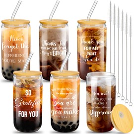 Purpeak 6 Set Employee Appreciation Gifts Thank You Gifts for Staff Coworker Thank You Glass Cups 16 oz Can Shaped Beer Glass with Lids Straws Brushes for Team Teacher Nurse(Fresh Style)