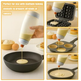 2 Packs Pancake Batter Dispenser, Pancake Mixer Bottle with Silicone Spatula and Spoon, Kitchen Squeeze Batter Dispenser and Mixer for Pancakes, Waffles, Crepes, Muffins, Cupcakes