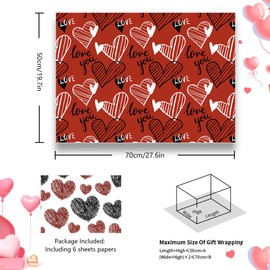 Valentines Wrapping Paper 6 Sheets,Love Hearts Red Black White Gift Wrapping Paper 6 Designs,Valentine's Day Gift Wrap 27 x 20Inch For Valentine's Day Anniversary Wedding Birthday Sweet Holiday Party