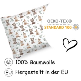 PinkZebra Children's Pillowcase 25 x 50 cm 100% Cotton Cushion Cover Boys Oeko-Tex Standard 100 Children's Covers with Zip Bear and Deer