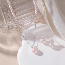 Wedding Jewelry Sets for Brides - Sterling Silver Pink 10 MM Pearl Studs and Necklace Set Bridesmaid Pearl Jewelry Set for Women Pearls Stud Earrings Layered Pearls 4 MM Choker Dainty Wedding Bridal Gifts