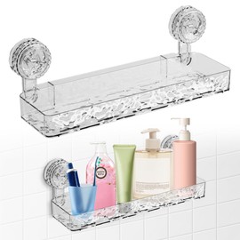 Pack of 2 Movable Shower Shelves, Suction Cup, Bathroom Shelf, No Drilling, 3 kg Load Capacity, Shower Shelf for Hanging, Reusable Bathroom Organiser for Bathrooms and Kitchens (White)