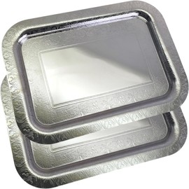 Maro Megastore (Pack of 2) 17.1 inch x 12.4 inch Oblong Chrome Plated Serving Tray Stylish Design Floral Engraved Edge Decorative Party Wedding Dessert Buffet Décor Wine Platter Plate NC-039