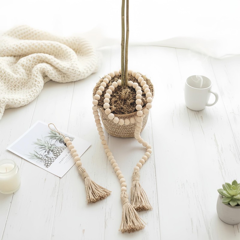 LJY 4 Wood Bead Garlands with Tassels, 2 Long and