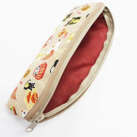 Manekineko (Beckoning Cat) Daruma Doll Design Pen Pencil Case Pouch Makeup Cosmetic Bag (Beige)