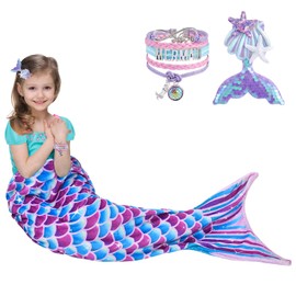 Mermaid Blanket - Soft Mermaid Tail Blanket with Sequins Hairpin Bracelet for Girls Teenagers Flannel Mermaid Sleeping Bag Portable Blanket Gift for Birthday 140 x 60 cm