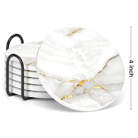 Nipichsha Coasters for Drinks, Set of 6 Cute Absorbent Ceramic Drink Coasters for Cup with Holder and Cork Base, Kitchen Home Decor Housewarming Gift, Round 4 in, Gold White