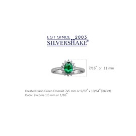 Silvershake 7x5mm Oval Shape White Gold Plated 925 Sterling Silver Flower Cluster Ring, 925 String Silver Rhodium (White Gold Plated), created green emerald