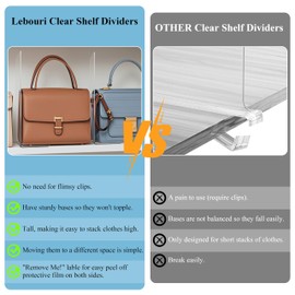 Lebouri Shelf Dividers for Closet Organization - Acrylic Closet Dividers for Shelves - Clear Free-Standing Shelf Separators for Clothes Sweater Purse