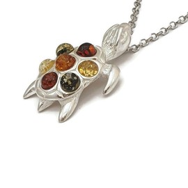 Kiara Jewellery 925 Sterling Silver Turtle/Tortoise Pendant Necklace inlaid with 7 multi colour baltic amber stones on 18" Sterling Silver Chain.