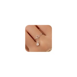 IPEPPY 925 Sterling Silver Love Heart Dangle Chain Ring with CZ for Women Cute Adjustable Teardrop Birthstone Crystal Open Finger Knuckle Stacking Ring Promise Eternity Rings Jewelry for Her (Style 2-Silver)