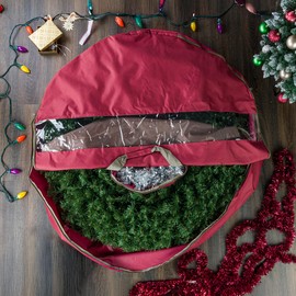 Wreath Storage Container - Canvas Bag with Clear Window and Handles Holds 48-Inch Artificial Wreath with Compartment for Ornaments by Elf Stor (Red)