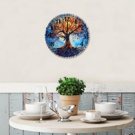Wood Hanging Wall Clock Silent Non-Ticking Large Numbers Battery Operated Tree of Life Stained Glass Rustic Wood Clocks Plant Style Multicolor Wall Decor for New Home Living Room Pool 12 Inch