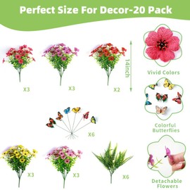 jabeick Artificial Flowers for Outdoors, 20 Bundles UV Resistant Fake Plants No Fade Faux Silk Plastic Realistic Flowers for Pot Porch Patio Yard Garden Deck Window Box(5 Colors Mixed)
