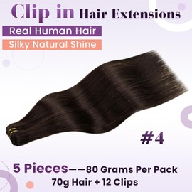 LaaVoo Clip in Hair Extensions Human Hair Straight Brown Remy Human Hair Clip in Extensions Medium Brown Clip in Extensions Human Hair Natural 16 Inch 5pcs/80g