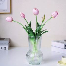 WAKISAKI 16-inch Premium Real Touch Fake Tulips Artificial Flowers with Buds, Flexible Stem Easy to Shape, Faux Tulips (Vase not Included), 5-Pack Set of Piggy Pink