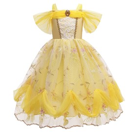 HIHCBF Girls Beauty and The Beast Costume Belle Princess Birthday Party Dress w/Accessories Yellow 007 9-10T