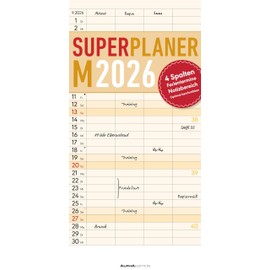 Superplaner M 2026 4 Spalten - Familien-Timer 22x45 cm - Offset-Papier - mit Ferienterminen - Wand-Planer - Familienkalender - Alpha Edition