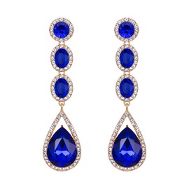 Flyonce Women's Wedding Fashion Jewelry Crystal Long Teardrop Dangle Chandelier Pierced Earrings Blue Gold-Tone