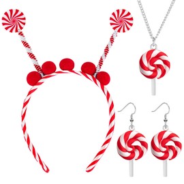 Yezmo 4PCS Candy Cane Headband Set, Lollipop Costume Accessories with Candy Cane Headband Earrings Necklace for Women Girls (Red)